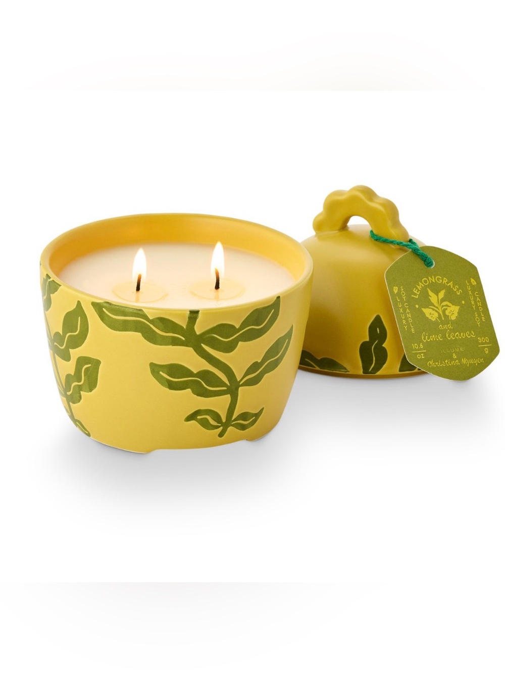 NWT Lemongrass and Lime Leaves Yellow Ceramic Double Wick Candle